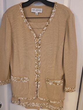St. John Beige Knit Skirt Suit with Braided Trim